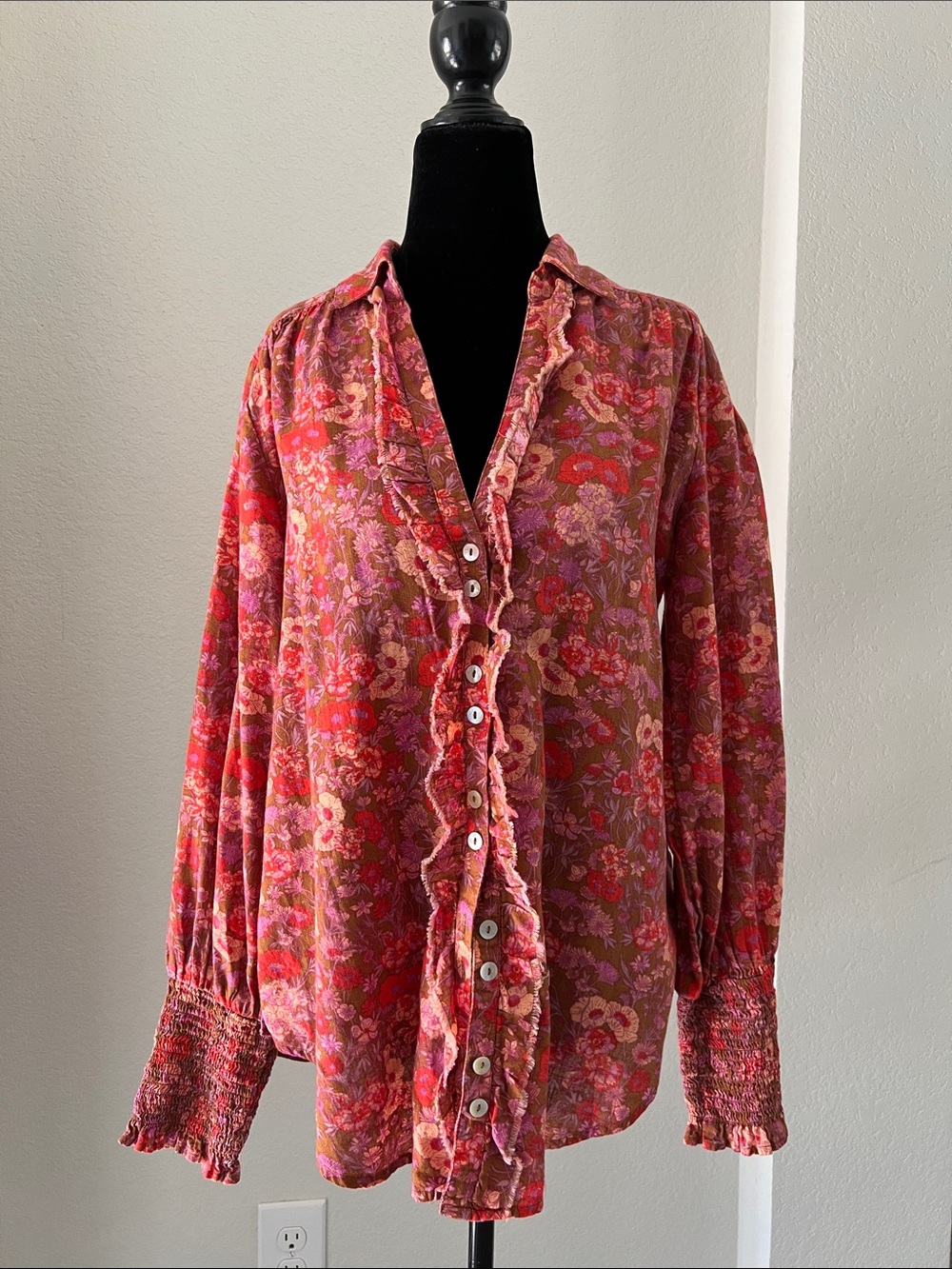 Free People wild gardenia  Floral Ruffle Button-Down Blouse